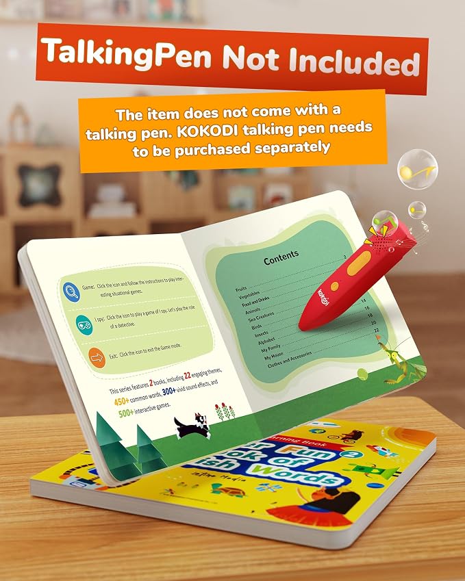 KOKODI Talking Books, 2pcs Vocabulary Books, Interactive Audio Sound Books, Compatible with KOKODI Talking Pen (Vocabulary Books Only, No Pen)