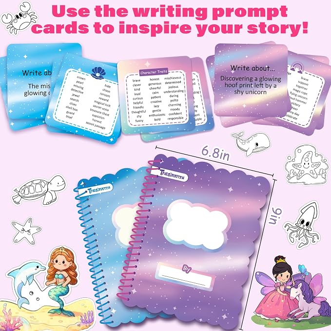 Storybook Art Kit, Make Your Own Story Book, DIY Writing Journal with 400+ Stickers, 24 Pens, 2 Scrapbooking & Journal Supplies, Hardcover Book Making Kit for Kids Easter Gifts for Girls Ages 5-10