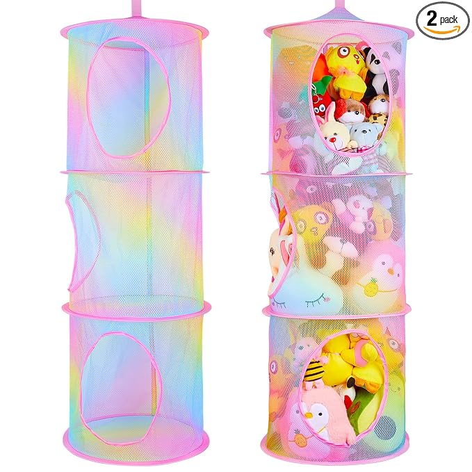 Basumee Stuffed Animals Net or Hammock 2 Pcs Stuffed Animals Storage Toy Net Hammock for Plushies Storage Organizer Mesh Kids Girls Room Decor, Rainbow, 3 Tiers