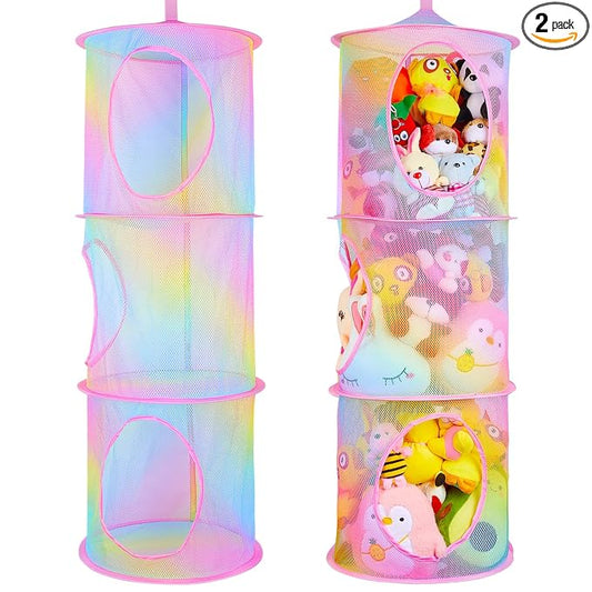 Basumee Stuffed Animals Net or Hammock 2 Pcs Stuffed Animals Storage Toy Net Hammock for Plushies Storage Organizer Mesh Kids Girls Room Decor, Rainbow, 3 Tiers