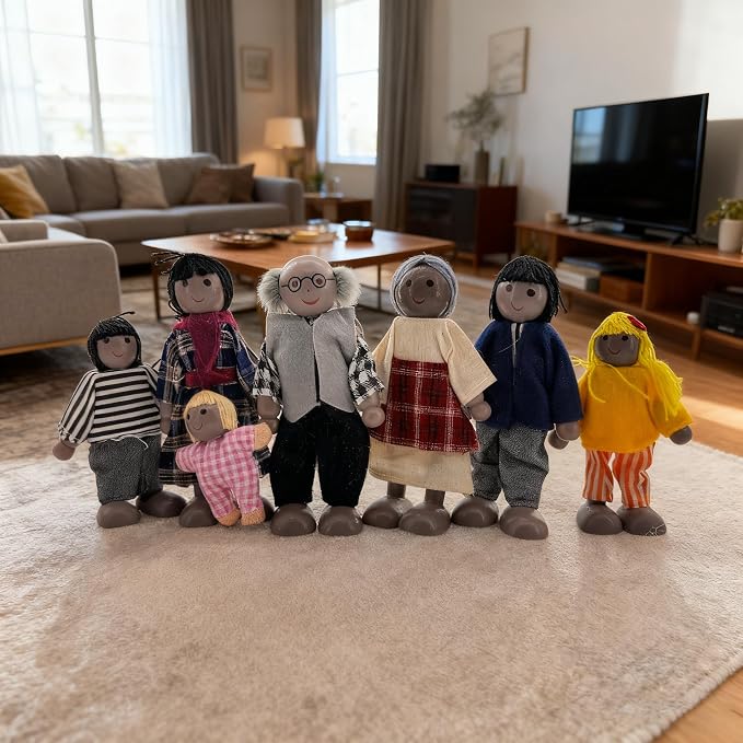 HYSTYLE 7 Pack Wooden Doll House Family Dollhouse Dolls Family Pretend Play Figures, Family Role Play Pretend Play Mini People Figures (African American)