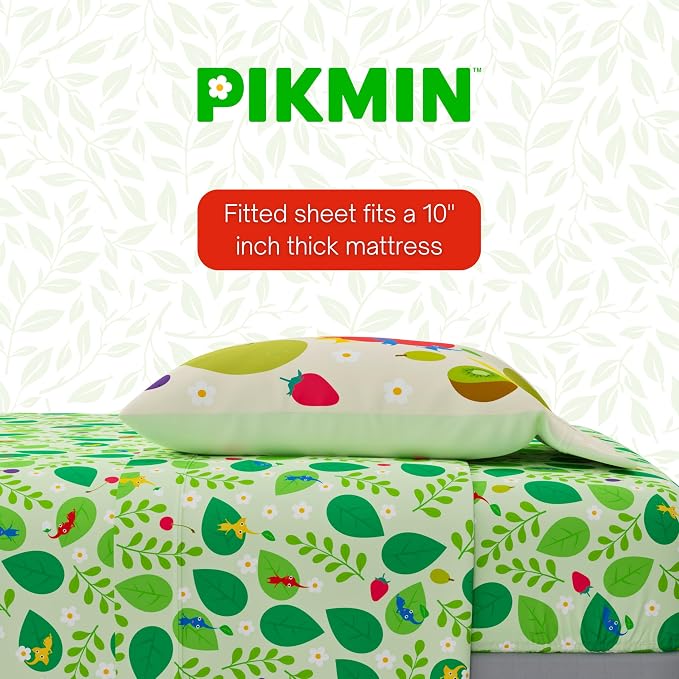 Nintendo Pikmin Game Kids Bedding Set, Twin Size 5 Piece Comforter and Sheet Set with Sham, (Officially Licensed Product) by Franco
