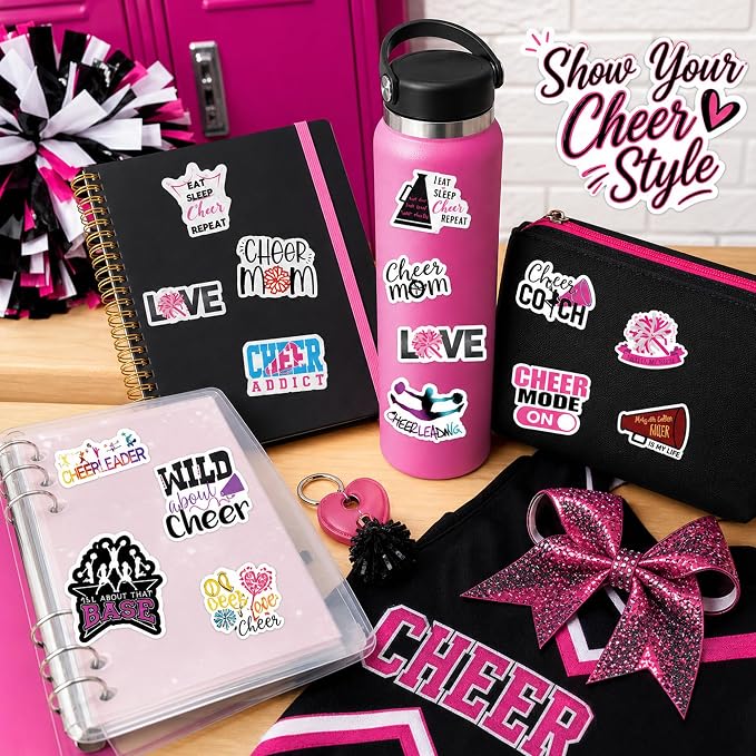 QTL Cheer Stickers for Girls Teens, Cheerleading Party Supplies, Waterproof Vinyl Stickers for Water Bottles Laptop, 60PCS