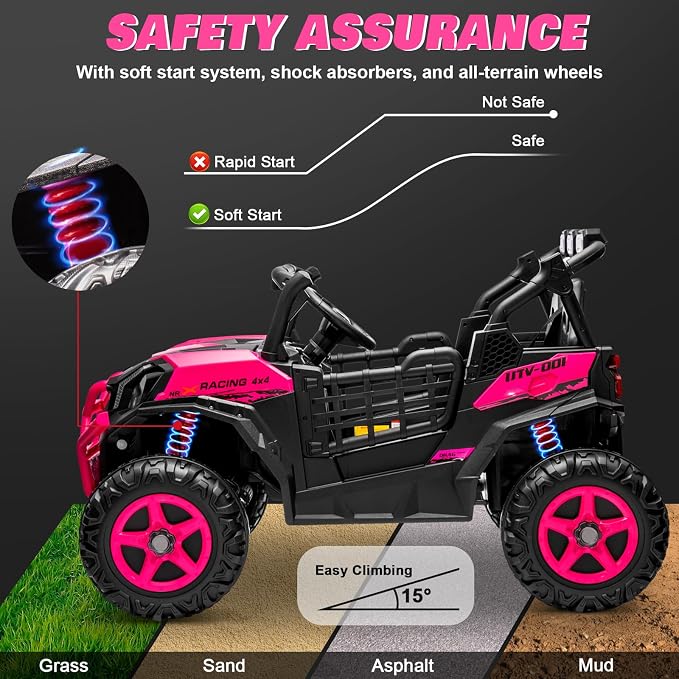 24V 2-Seater Ride On Car Truck w/4x200W, 20" Spacious Seat, 4WD/2WD Switchable, 5 Mph Max Speed, Rainbow Lights, Remote Control, Soft Start, Storage, Electric Car for Kids Ages 3-8, Rose Red