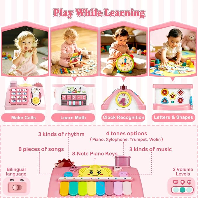 Marstone Toys for 1-2 Year Old Girls, Pink 8-in-1 Musical Learning House | One year old girl birthday gifts for toddler toys, combines learning & play to hold little ones’ focus and keep them occupied