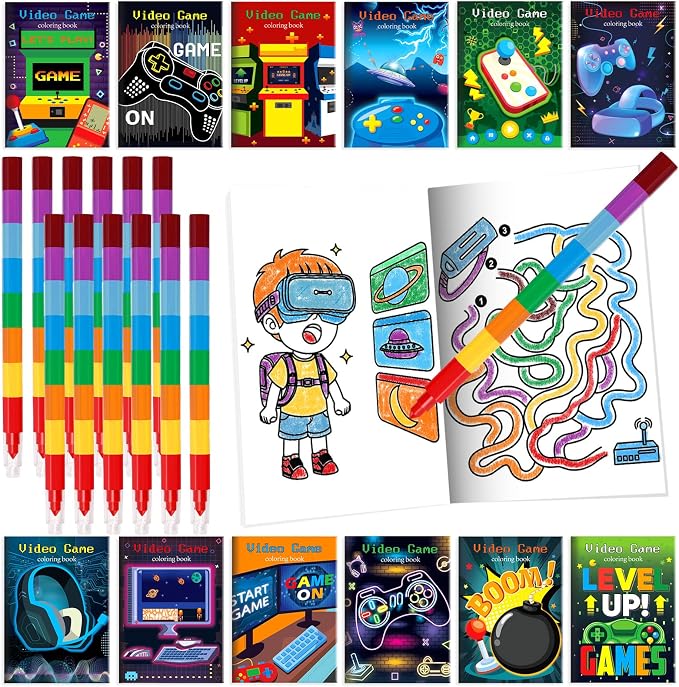 BenLouis 24 Video Game Mini Coloring Books Kids with 24 Stacking Crayons Gaming Party Favors Activity Books Bulk for Kids Boys Neon Game Level Up Goodie Bag Gift Stuffer Classroom Reward