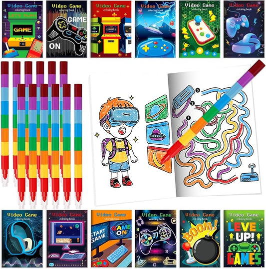 BenLouis 24 Video Game Mini Coloring Books Kids with 24 Stacking Crayons Gaming Party Favors Activity Books Bulk for Kids Boys Neon Game Level Up Goodie Bag Gift Stuffer Classroom Reward