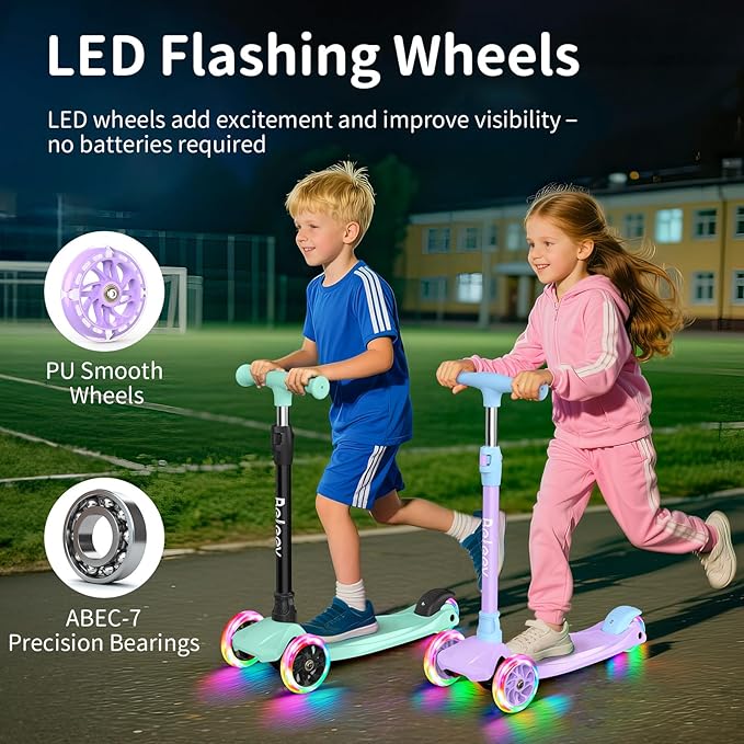 BELEEV Scooters for Kids 3 Wheel Kick Scooter for Toddlers Girls Boys, 4 Adjustable Height, Lean to Steer, Light up Wheels, Extra-Wide Deck, Easy to Assemble for Children Ages 3-12