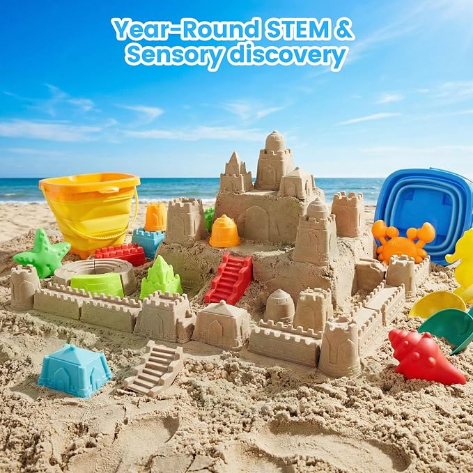 LovesTown Collapsible Beach Toys for Kids, Collapsible Sand Bucket and Shovels Set with Mesh Bag & Sand Molds, Beach Vacation Essentials, 19PCS