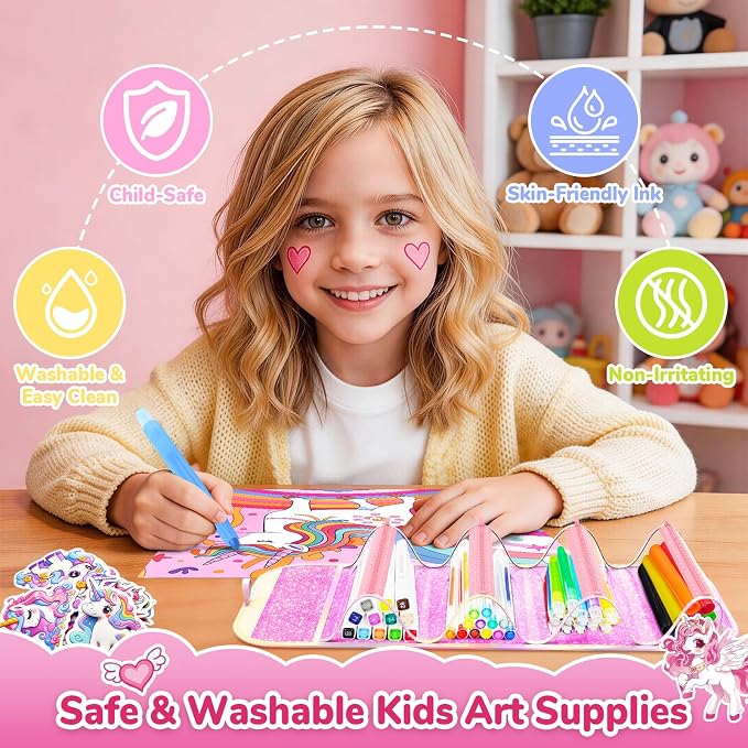 70 PCS Unicorn Arts and Crafts for Girls Ages 4-6-8, Art Supplies Set with 3D Rainbow Glitter Pencil Case, Washable Dual Markers, Scented Gel Pens, Twist-up Crayons & Unicorn Stickers, Birthday Gift