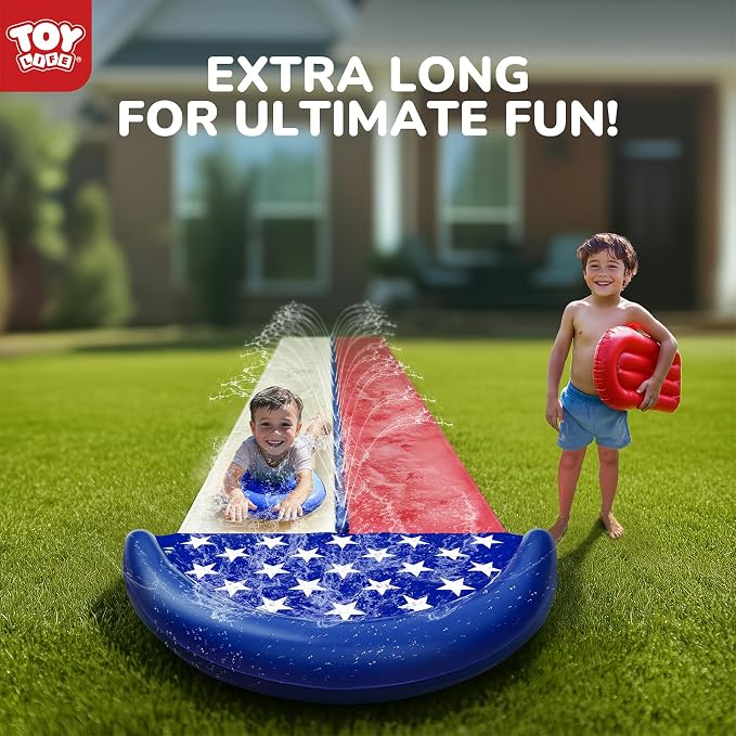 TOY Life Giant American Flag Water Slides for Kids 20FT Waterslide Backyards Lawn with 2 Bodyboards 2 Lane Slip Splash and Slide Summer Toys with Built-in Sprinkler for Backyard Outdoor Water Toys Fun