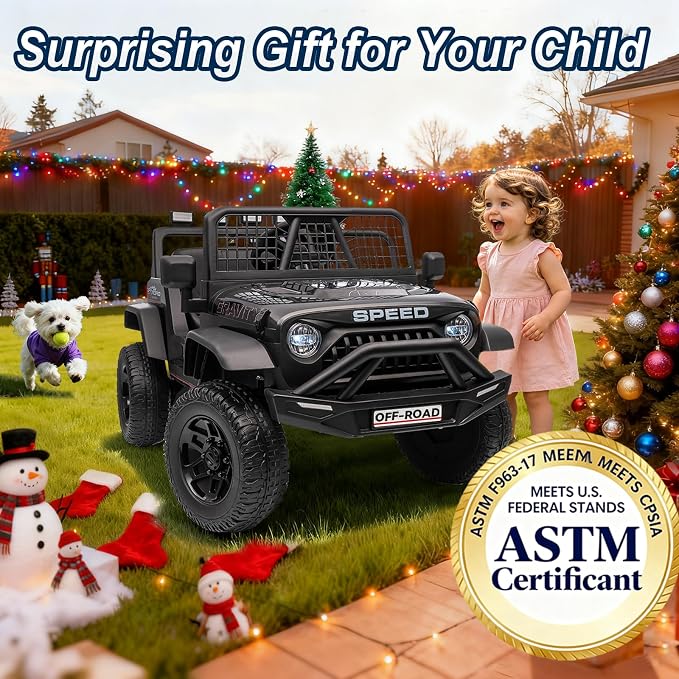 24V Jeep Power Wheels w/Remote Control, 4WD Ride on Truck Car, 3 Speed, Bluetooth Music, Wide Seat, Spring Suspension, LED Light, Birthday for Boys Girls Toddler (D-Black)