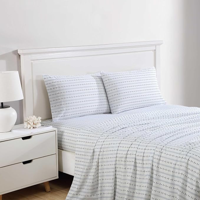 Nautica - Sheets, Cotton Percale Bedding Set with Matching Pillowcases, Crisp & Cool, Deep Pocket (Anchor Lines Blue, King)