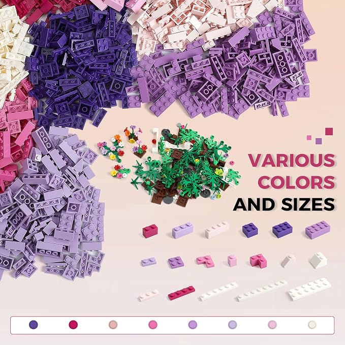 HUIZDQ 1800Pcs Building Bricks, Classic Bulk Small Blocks, Classic Building Bricks Set Basic Building Blocks(Pink Purple White)