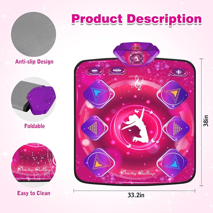 Kusntin Dance Mat, Dance Mixer Rhythm Step Play Mat, Pink Dance Pad with LED Lights, Adjustable Volume, Built-in Music, 5 Game Modes, Xmas Birthday Gifts for 3-10 Years Girls Toys (Purple)