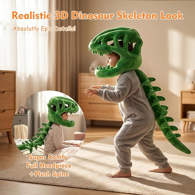 Dinosaur Skeleton Costume, Wearable Spinosaurus Skull Mask & Spine, Silly Dino Skeleton Halloween Costumes Outfit