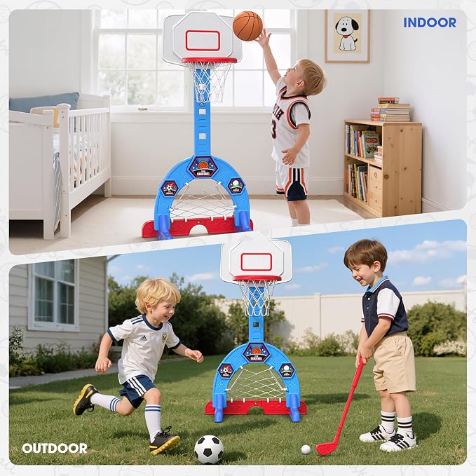 HYES Toddler Basketball Hoop, 3-in-1 Sports Activity Center with Soccer Goal, Golf Game, 5 Height Adjustable Kids Basketball Hoop, Indoor Outdoor Playset Toys Gifts for Boys Girls 3-5, Blue