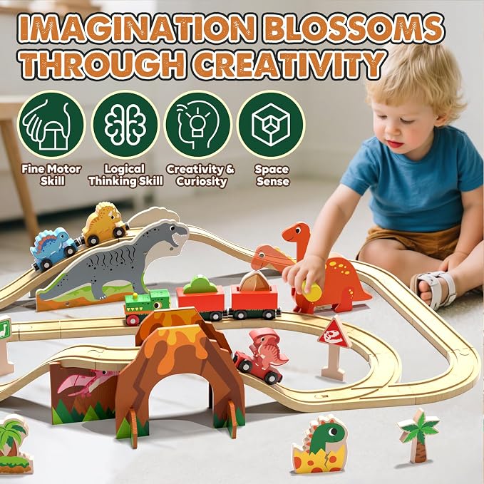 Lehoo Castle Wooden Train Set, Dinosaur Wooden Train Track Set, Wood Toy Train Set for Toddlers 2-4, Train Toys for Toddlers 3-5, Fits Thomas, Fits Brio, Fits Melissa and Doug