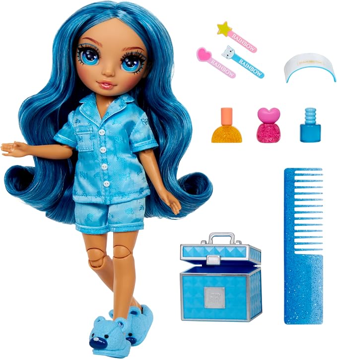 Rainbow High Jr High PJ Party - Skyler, Blue 9" Posable Fashion Doll with Soft Onesie, Slippers, Fun Play Accessories, Great Toy Gift for Girls Kids Ages 4-12 Years