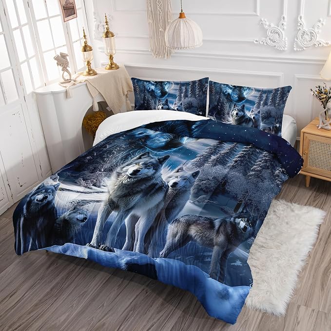 AILONEN Boys Bedding Set - Wolf Printed Comforter Set, Full Size, 3Pcs Safari Duvet Set, 1 Quilt and 2 Pillowcases