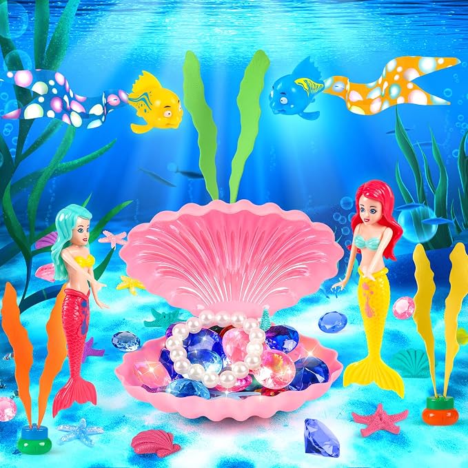 HUUIDY Pool Toys, 31Pcs Mermaid Toys Diving Toys with Shell Treasure Chests and Storage Bag, Swimming Pool Games Summer Water Toy Gift Set for Kids Toddlers Girls Boys