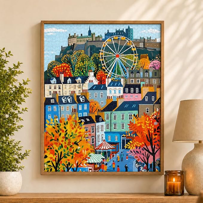 Cross & Glory – Castle & Carousel – 1000 Piece Jigsaw Puzzle for Adults | Colorful Edinburgh Folk Art Puzzle | Bright Scottish City Artwork | Premium Ribbon-Cut Puzzle with Satin Finish