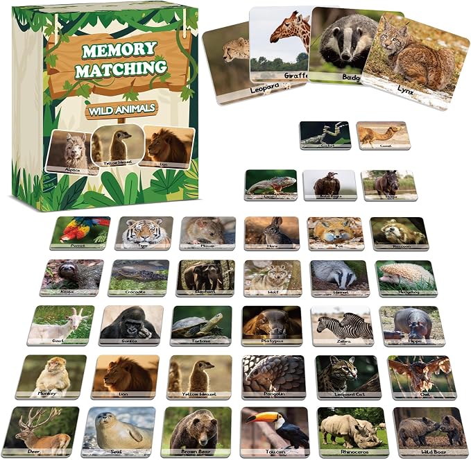 gisgfim 100 PCS Memory Matching Game Wild Animals Concentration Memory Card Matching Games