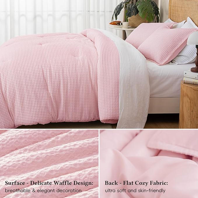 David's Home Waffle Weave Comforter Set 2PCS Twin Size, Soft Breathable Lightweight Cozy Skin-Friendly Warm for All Season, Elegant Aesthetic Home Decor Bedding Set with Pillow Shams, Pink