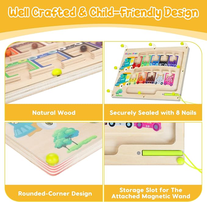 Magnetic Color & Number Maze Montessori Wooden Magnet Puzzle Game Board Montessori Color Matching Learning Counting Puzzle Board Toddler Fine Motor Skills Toys Gift