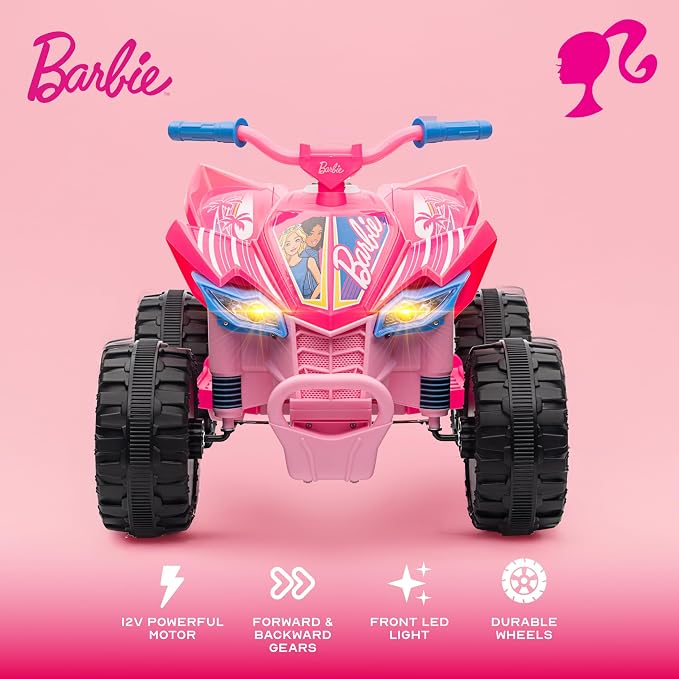 Barbie - 12V ATV Ride On Toy for Kids, LED Headlights, Battery Powered