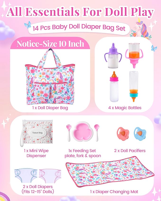 BABESIDE 14 Pcs Baby Doll Accessories with Magic Bottles, Baby Doll Diaper Bag Set Includes Changing Mat, Diapers and Bottle with Disappearing Milk for 12-16 Inches Dolls Kids Gift