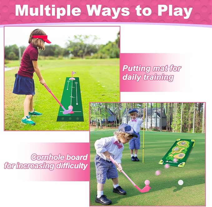 Toddler Golf Set for Boys Girls 2 3 4 Years Old, Upgraded Kids Golf Cart with Putting Mat & Cornhole Board, Outdoor Indoor Sports Toys, Pink