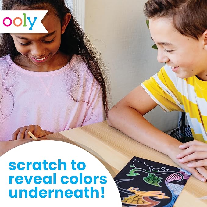 Ooly Scratch & Scribble Travel Crafts for Kids – 1pc Art Kit, Portable Car & Airplane Activity, 8 Scratch Cards + Wooden Stylus + Stickers, Ages 6+ – Dragons
