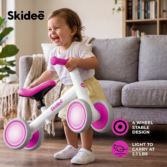 SKIDEE Toddler Balance Bike 1-3, 4-Wheel Balance Bike with Rare Light-Motion-Activated LED Wheels, Adjustable Height & Child Safe Steering, Lightweight Ride-On Toy Training Bike for Boys & Girls