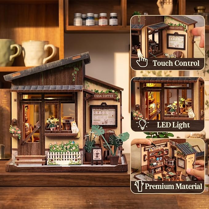 Cutebee DIY Miniature House Kit Japanese Coffee Shop Dollhouse for Adults | 3D Wooden Puzzle Model Building Kit with LED Lights, 262 Pcs Tiny House DIY Craft Home Desk Shelf Decor Gift Kissa Coffee
