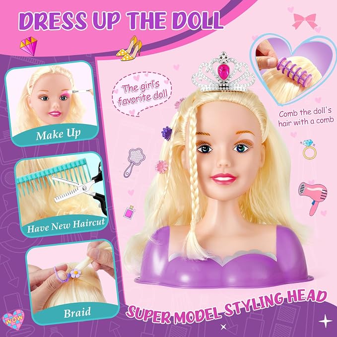 TUZT Doll Head for Hair Styling Kids, Hair Salon Toys & Real Makeup Nail Polish, Kid Beauty Hair Stylist with Hairdryer Curling Iron, Birthday Gift for Girl 3 4 5 6 7 8 9 10 Year Old