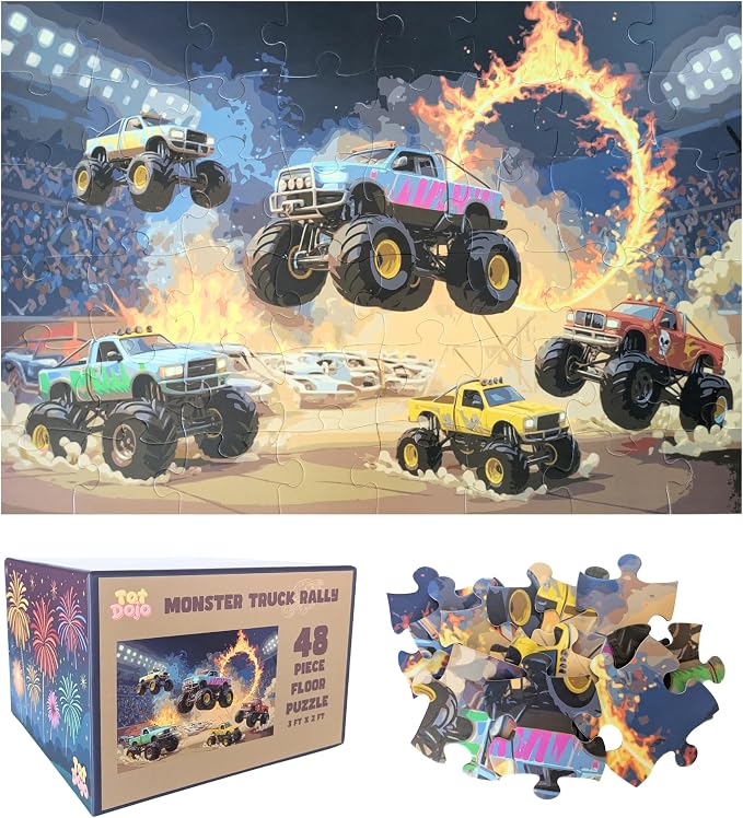 Monster Truck Rally Jumbo Floor Puzzle for Kids - 48 Large Pieces, 3ft x 2ft - Toddler Puzzles, Preschool Learning Toys, Big Piece Floor Puzzles for Kids, Ring of Fire - Tot Dojo