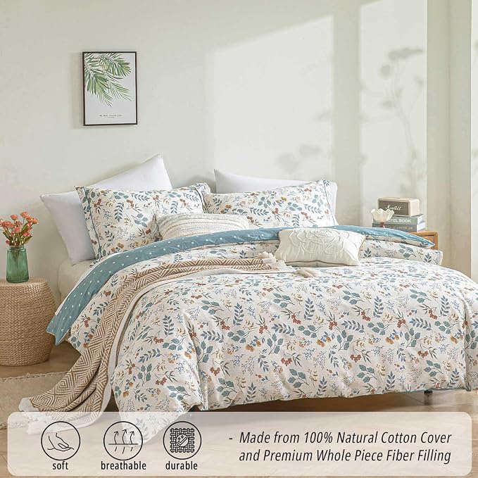 LEMIROE Botanical Cotton Comforter King Size - Lake Green Comforter with Dusky Blue & Warm Rust Leaves on Ivory,Reversible Lightweight Bedding Sets 3Pcs(Polka Dot)