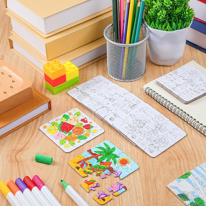 Realspring 24 Pack Color Your Own Jigsaw Puzzles for Kids 3-5, 4-6, 6-8, Coloring Crafts DIY Paper Puzzles Party Favors Gifts for Toddler Children Learning Education Toys(Summer)