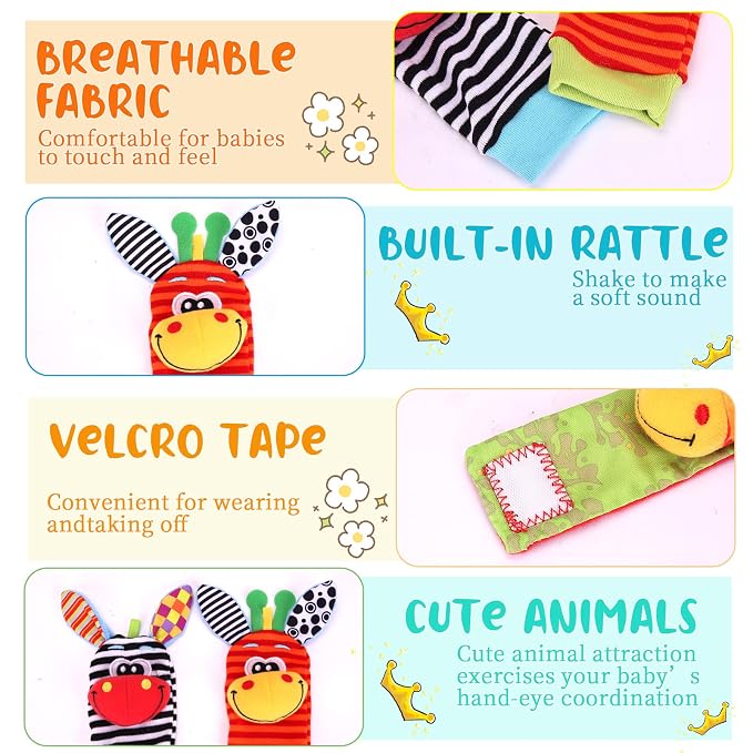 PADONISE Wrist Rattle Foot Finder Socks Set for Baby Arm Hand Rattle Feet Leg Ankle Socks Newborn Soft Sensory Toys Baby Socks Newborn Rattles Toys Valentines Gift 0-3 6-12 Months Infant Girl Boy