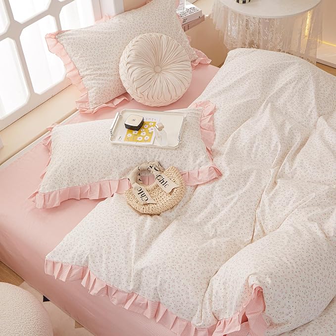 Reversible Ruffle Comforter Set King Vintage Botanical Floral Comforter Set White Coquette Bedding Cottagecore Pink Flower Comforter with 2 Pillowcases Floral Boho Bedding Comforter for King Bed