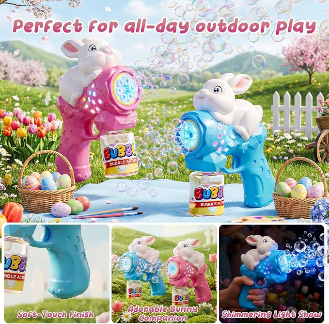2 Pack Bubble Gun for Kids, Rabbit Bubble Machine for Toddler with LED Lights, 12000+ Bubble/Min, 360° Leak-Proof Bubble Blower Blaster Toy, Outdoor Summer Play, Easter, Wedding & Birthday Gifts