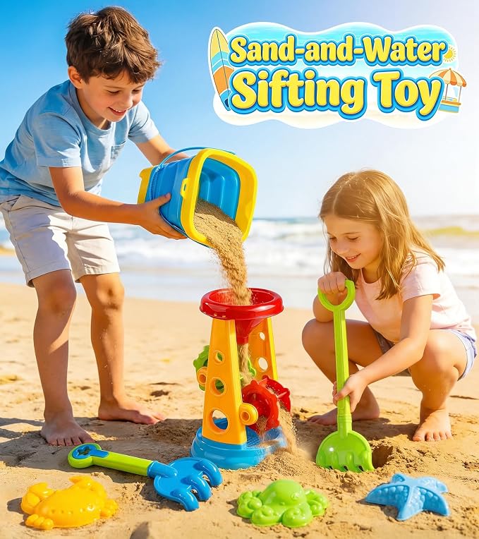 Collapsible Beach Sand Toys for Kids Toddlers, Collapsible Sand Bucket with Water Wheel Sifter Shovels Set with Mesh Bag and Sand Molds, Travel Beach Sandbox Toys for Boys Girls 3 4 5 6 7 8 9 10+