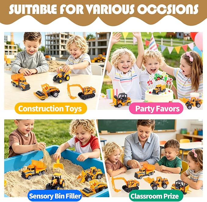 Oriate Construction 6PCS/Set diecast car, Including bulldozers, Forklift, Excavator & Other Educational Indoor & Outdoor Toy Cars, mini car Models for Boys and Girls 3 Years Old Birthday Easter Gifts