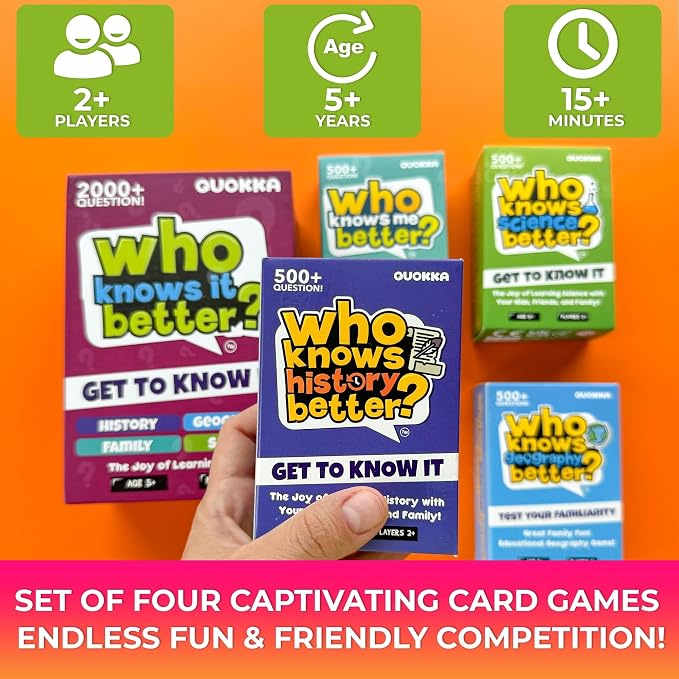 Board Games for Kids 8-12 – Set of 4 Family Card Games for Kids and Adults – Trivia Cards for Family Game Night – Who Knows It Better – 2000+ Questions History, Geography, Science – Fun Card Game
