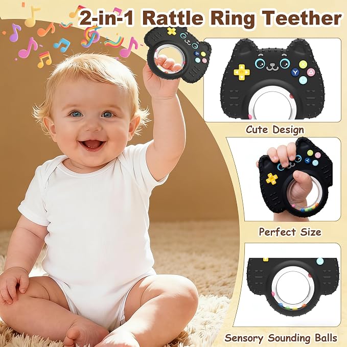 Teething Toys for Baby, Sensory Baby Chew Toy, Rattle Ring Teether Toys for Babies 0-3-6-12 Months, Silicone TV Remote Control Shape for New Baby Gift (Black)