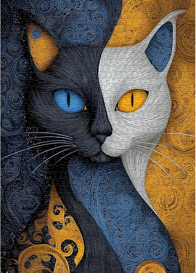 PICKFORU Cat Puzzles for Adults 1000 Pieces, Animal Abstract Yingyang Fantasy Cat Jigsaw Puzzle, Unique Art Mysterious Kitty Challenge Puzzle