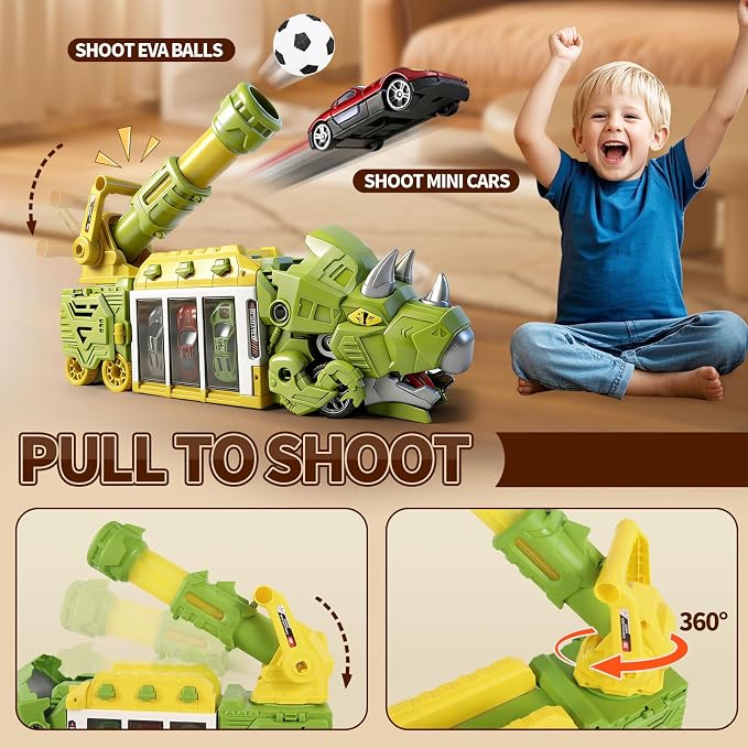 STBEIMEIMY Triceratops Truck Toy, Ejection Shooting Game with Storage & 10 Cars Dinosaur Shooting Truck with Foldable Pod, 10 Mini Cars & 12 Soft Balls, Develops Motor Skills & Coordination
