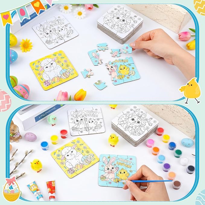 Realspring 24 Set Easter Eggs Jigsaw Puzzle for Kids Egg Hunt Game 24 Mini Bunny Puzzles DIY Coloring Paper Jigsaw Easter Eggs Basket Stuffers Fillers for Party Favors Classroom Exchange Reward School