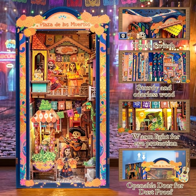 Cutefun Book Nook Kits for Adults, Mexican Art & Culture DIY Miniature House Dollhouse Bookend, 3D Wooden Puzzle with LED for Bookshelf Insert Decor, Creative Gifts for Teens (Plaza de Los Muertos)